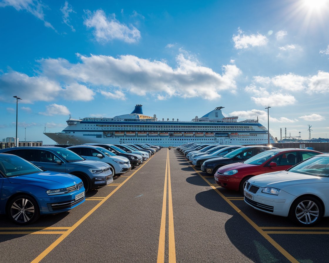 Cars parked at the Port of Hull terminal with a cruise ship in the background on a sunny day