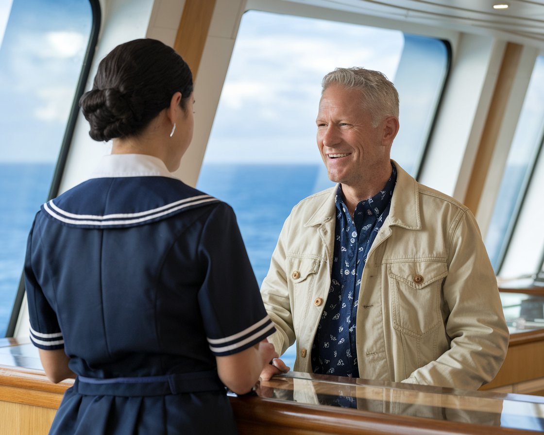 Guest at the purser counter with a crew talking on Norwegian Epic cruise ship