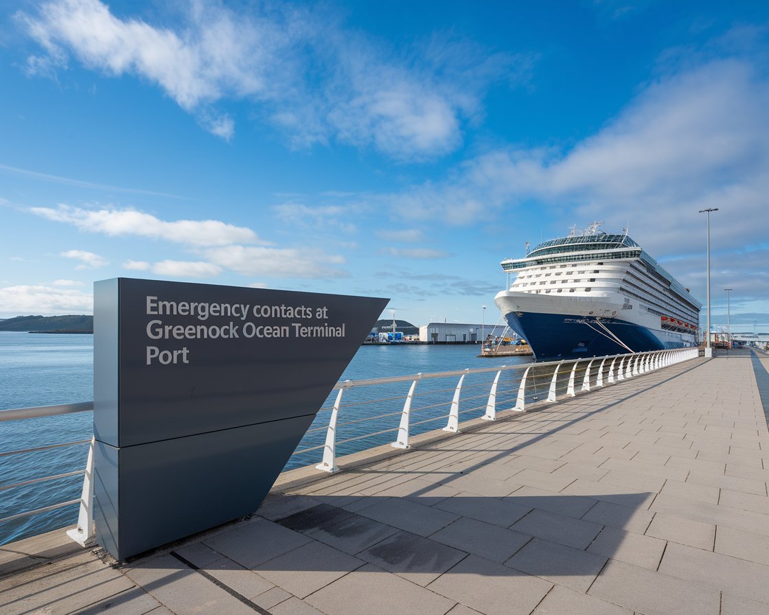 Modern Sign “Emergency Contacts at Greenock Ocean Terminal Port” with a cruise ship in the background on a sunny day