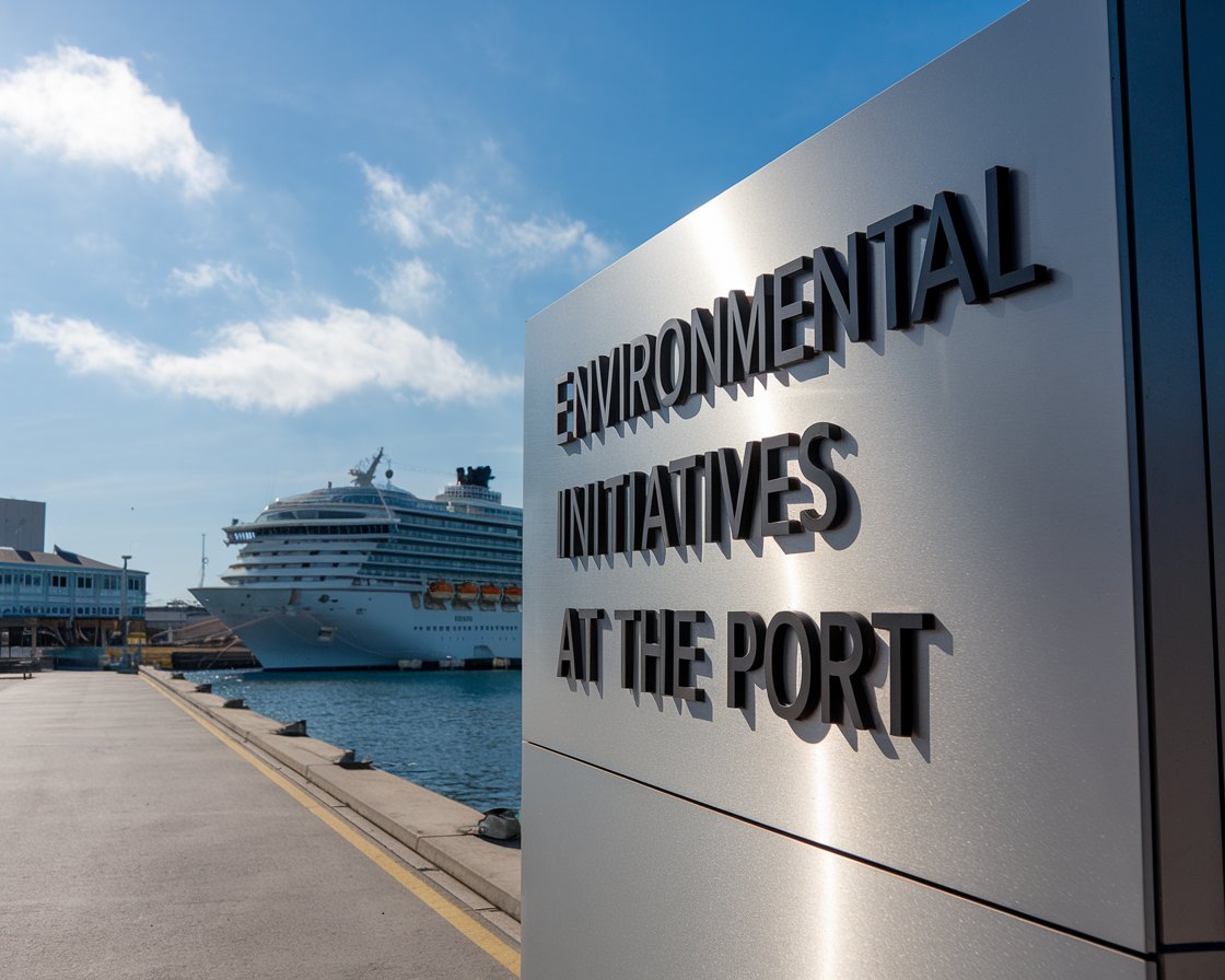 Modern sign “Environmental Initiatives at The Port’ with a cruise ship in the background on a sunny day at Southampton