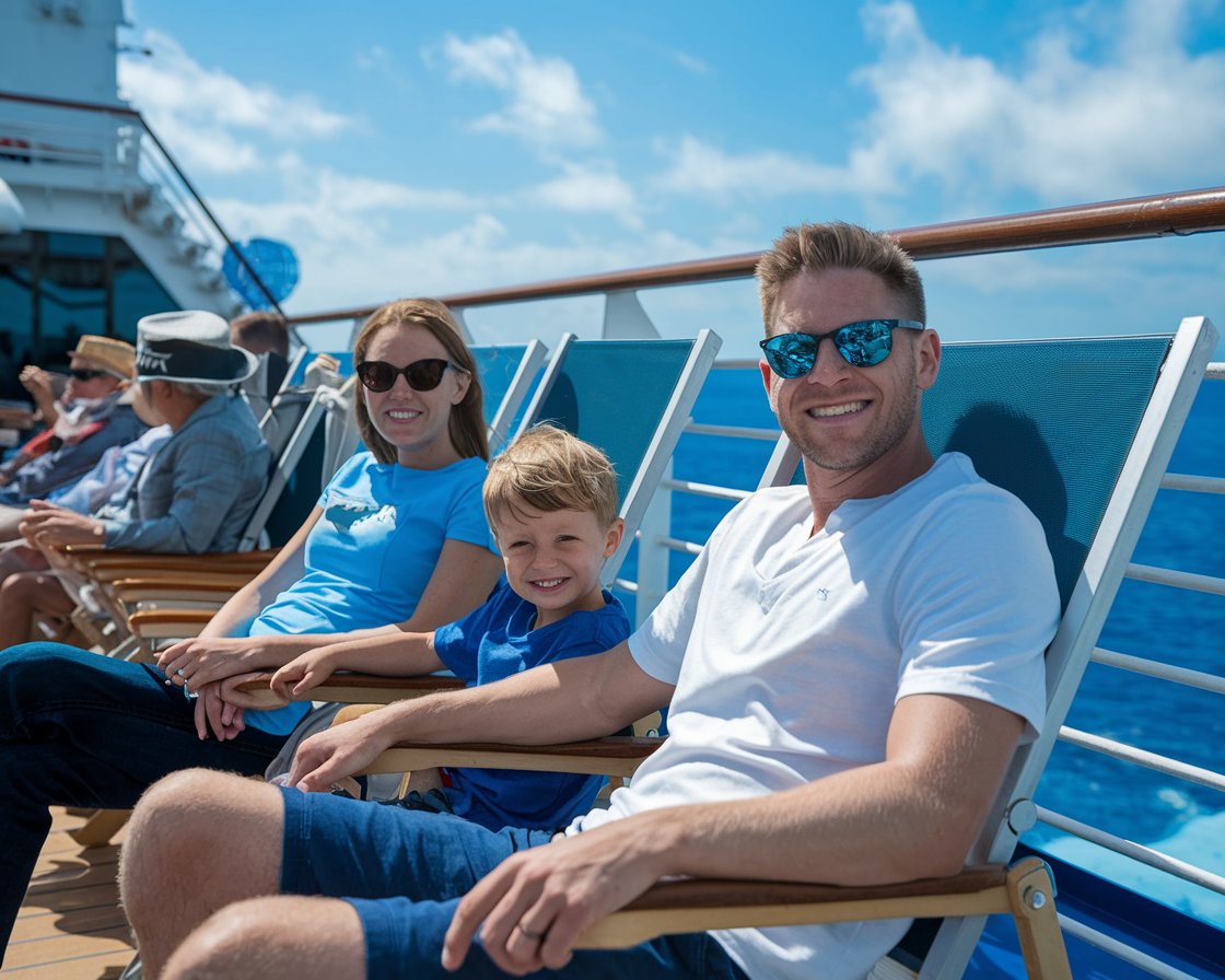 Mum, dad and child sitting in deck chairs on Norwegian Epic cruise ship