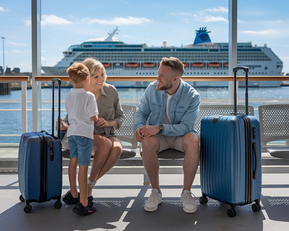 Mum, dad and 1 kid dressed in shorts with luggage. They are sitting in the waiting room at Belfast Harbour Port terminal. It's a sunny day with a cruise ship in the background