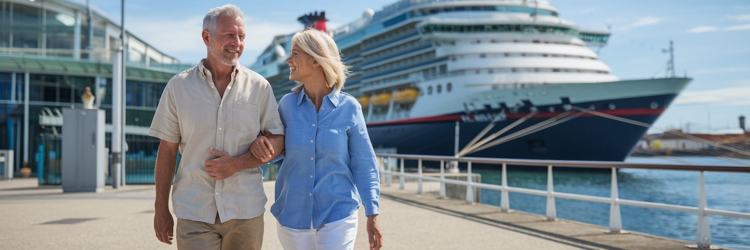 Older couple casually dressed in shorts in Harwich International Port on a sunny day with a cruise ship in the background