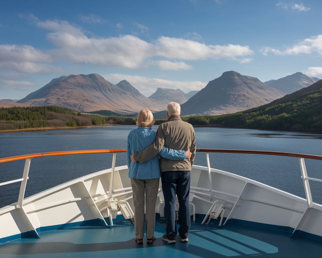 Older couple on the back of a cruise ship in the Ireland on a sunny day