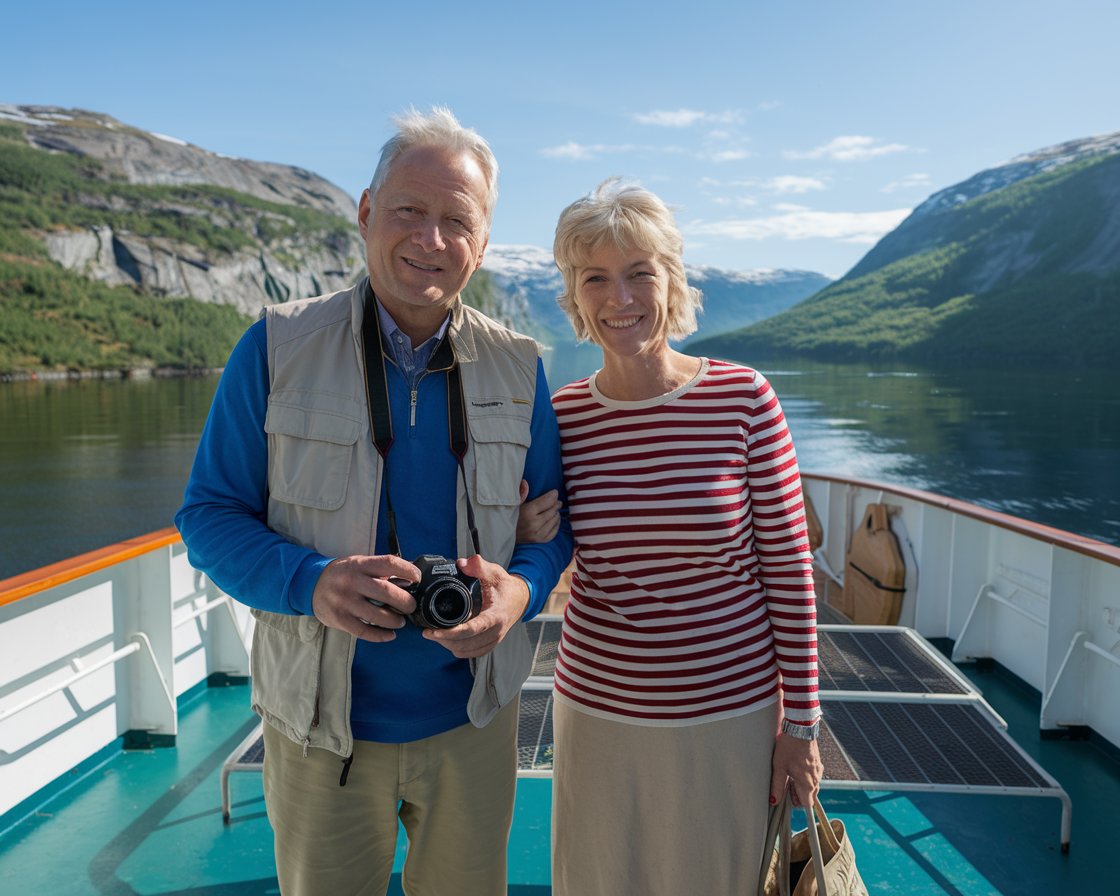 Older couple on the back of a cruise ship in the Norwegian Fjords on a sunny day