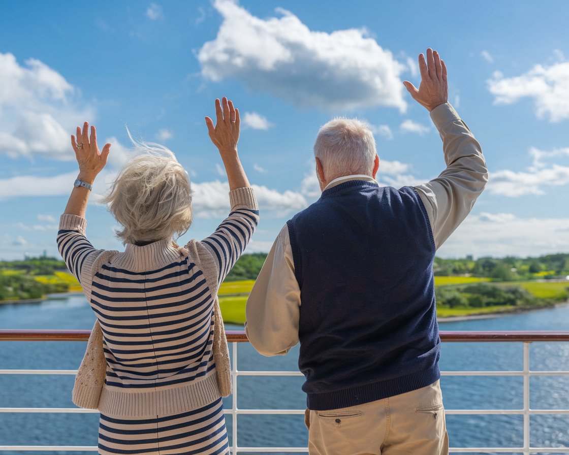 Older couple on the back of a cruise ship in the Scandinavia on a sunny day