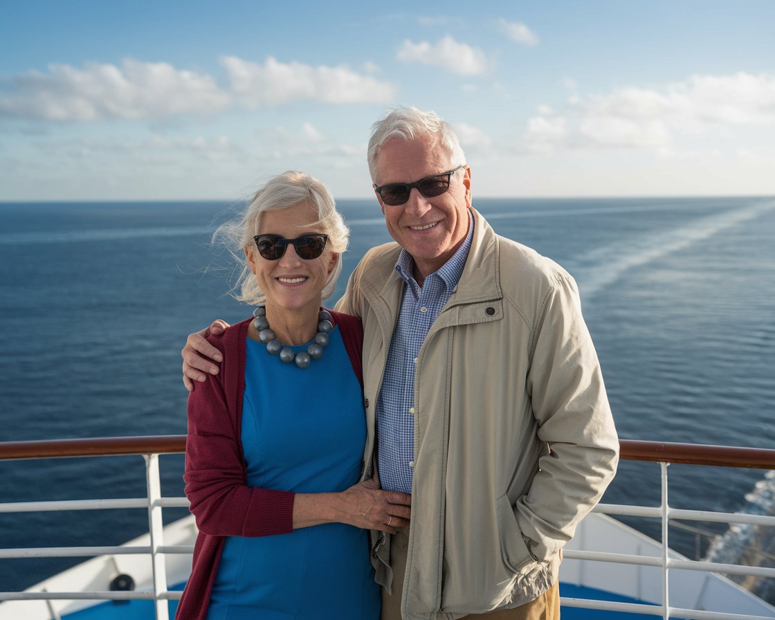 Older couple on the back of a cruise ship in the Transatlantic Voyages on a sunny day