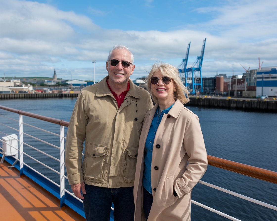 Older couple on the deck of a cruise ship in Belfast Harbour Port on a sunny day