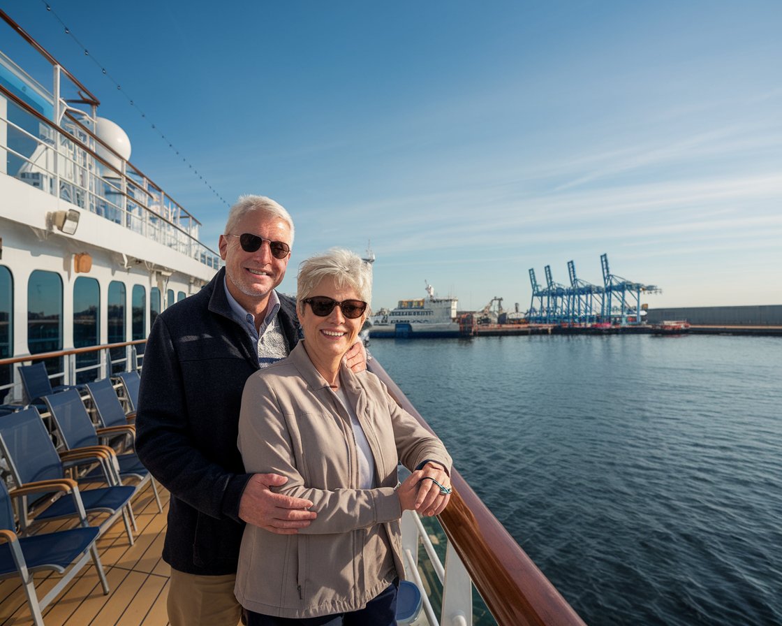 Older couple on the deck of a cruise ship in Harwich International Port on a sunny day