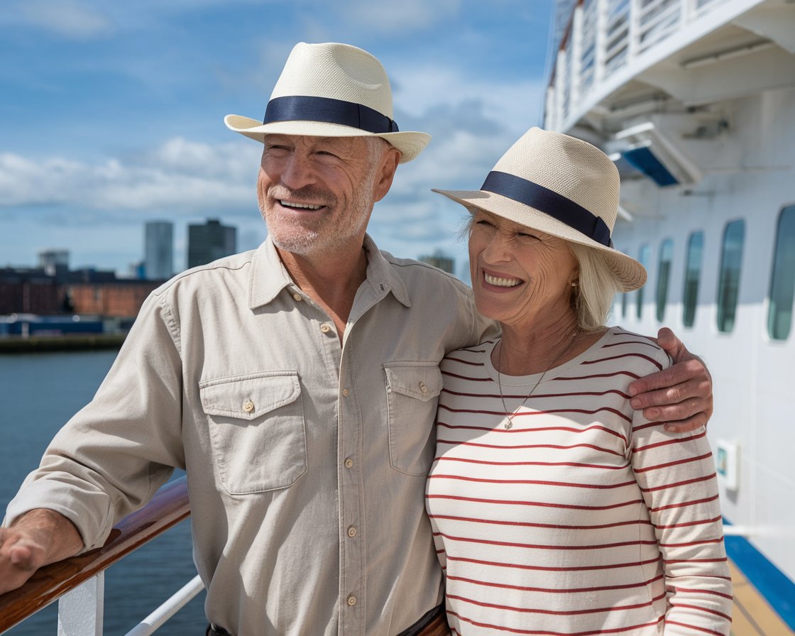 Older couple on the deck of a cruise ship in Port of Hull on a sunny day