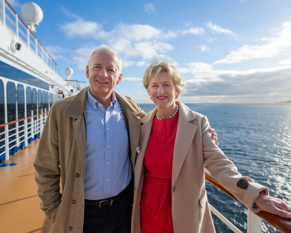 Older couple on the deck of a cruise ship in Rosyth Port on a sunny day