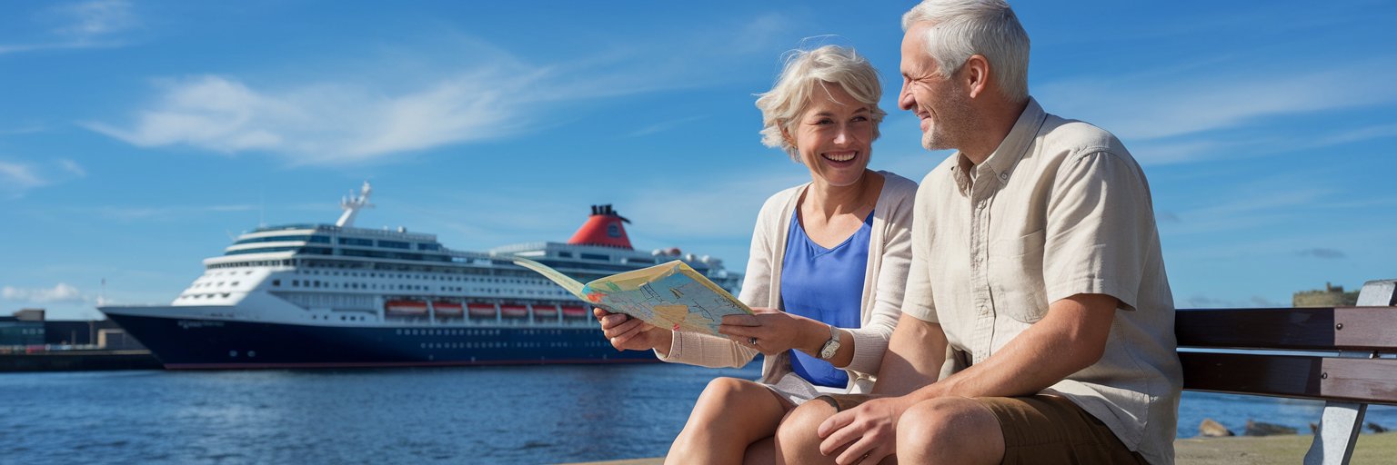 older couple sitting down, reading a map, casually dressed in shorts on a sunny day with a cruise ship in the background at Belfast Harbour Port