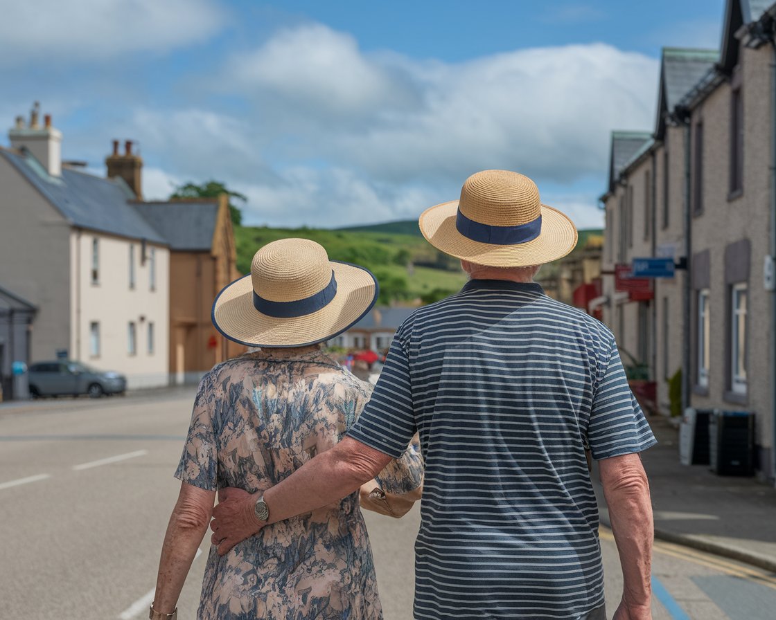 Older lady and man in sun hat, shorts, walking shoes in Holyhead town on a sunny day