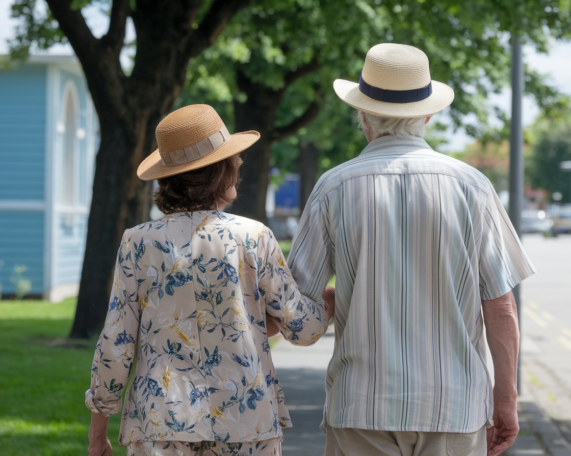 Older lady and man in sun hat, shorts, walking shoes in Rosyth town on a sunny day