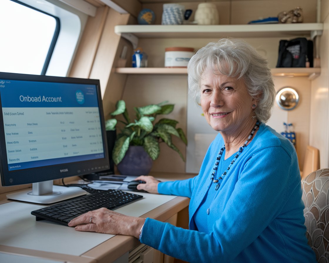 Older lady at a desk in her cruise ship cabin with her Onboard Account in front of her.