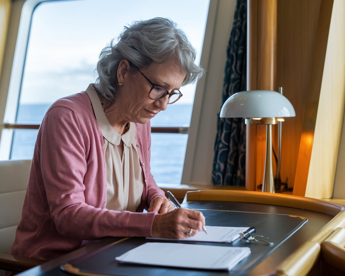 Older lady casually dressed writing at a desk on a cruise ship