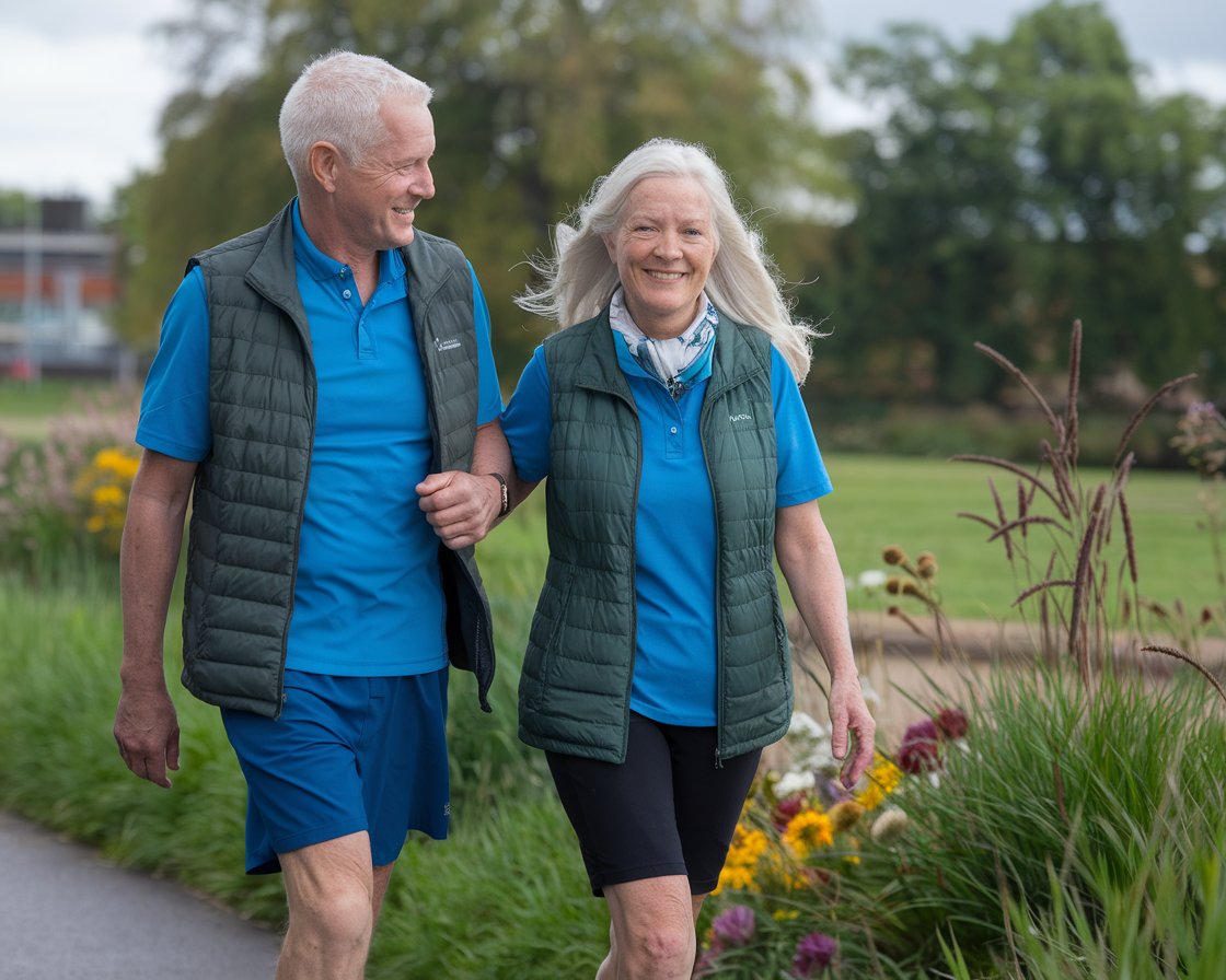 Older man and lady in walking shoes and shorts in Belfast on a sunny day