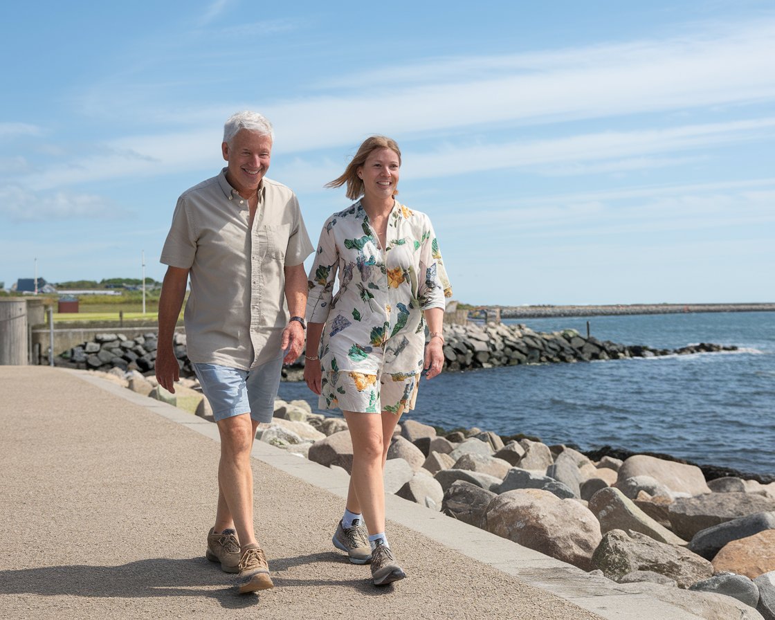 Older man and lady in walking shoes and shorts in Greenock on a sunny day