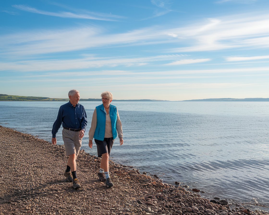 Older man and lady in walking shoes and shorts in Holyhead on a sunny day