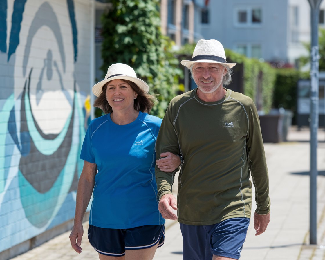 Older man and lady in walking shoes and shorts in Hull on a sunny day