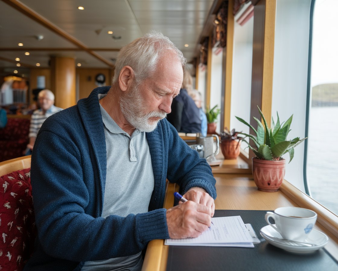 Older man casually dressed writing at a desk on a cruise ship at Holyhead Port