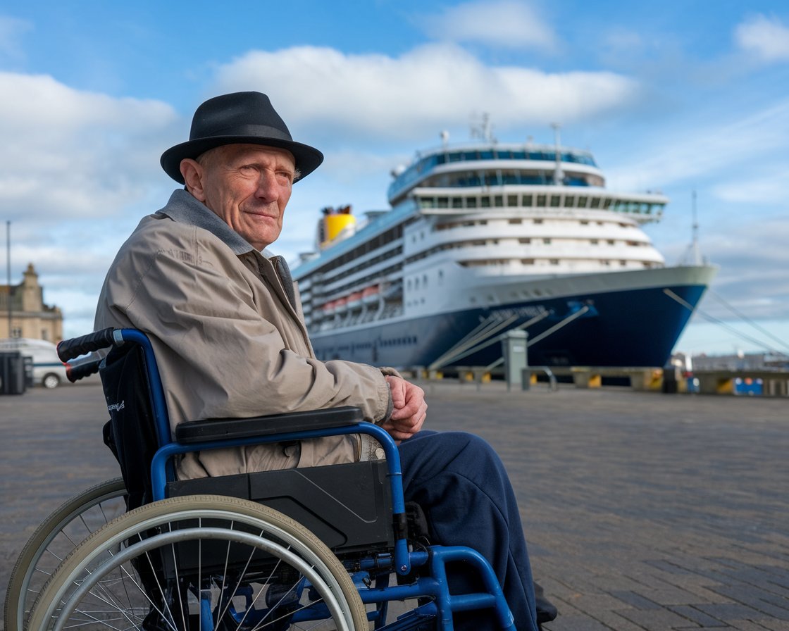 Older man in a wheelchair with a cruise ship in the background on a sunny day at Belfast Harbour Port