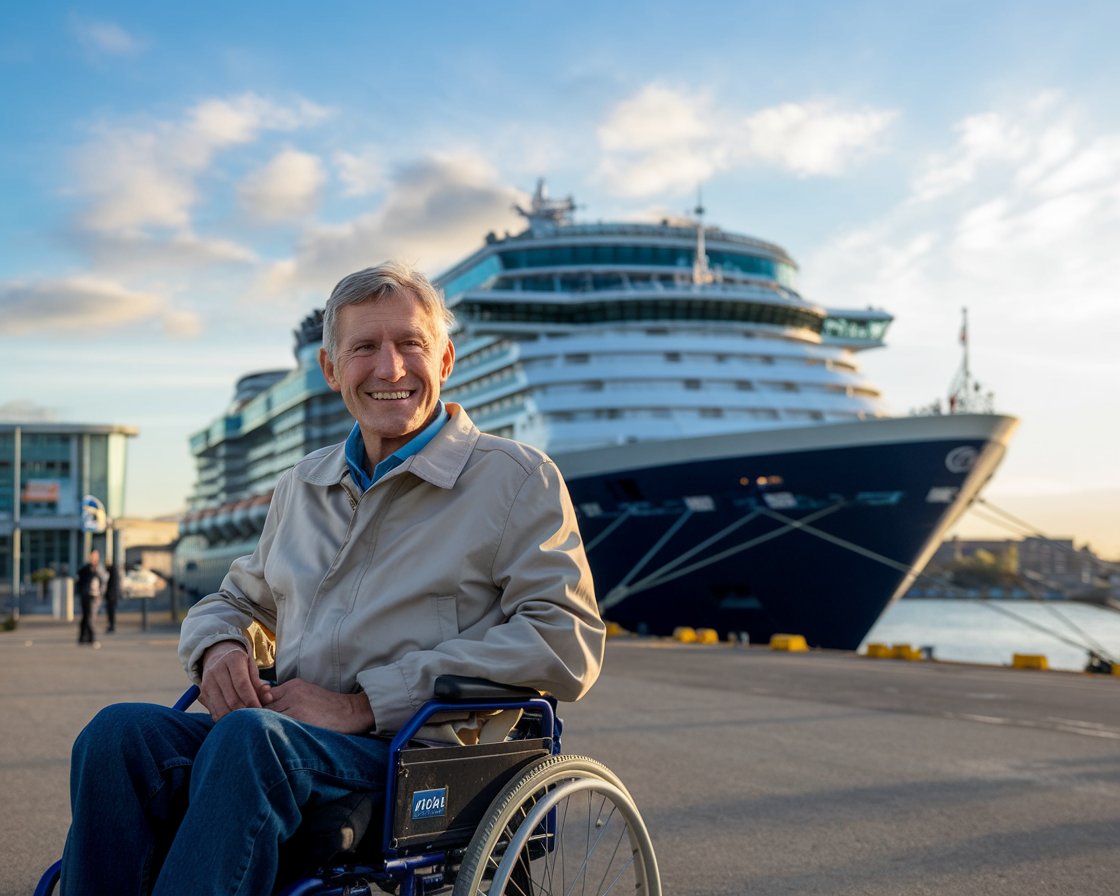 Older man in a wheelchair with a cruise ship in the background on a sunny day at Southampton