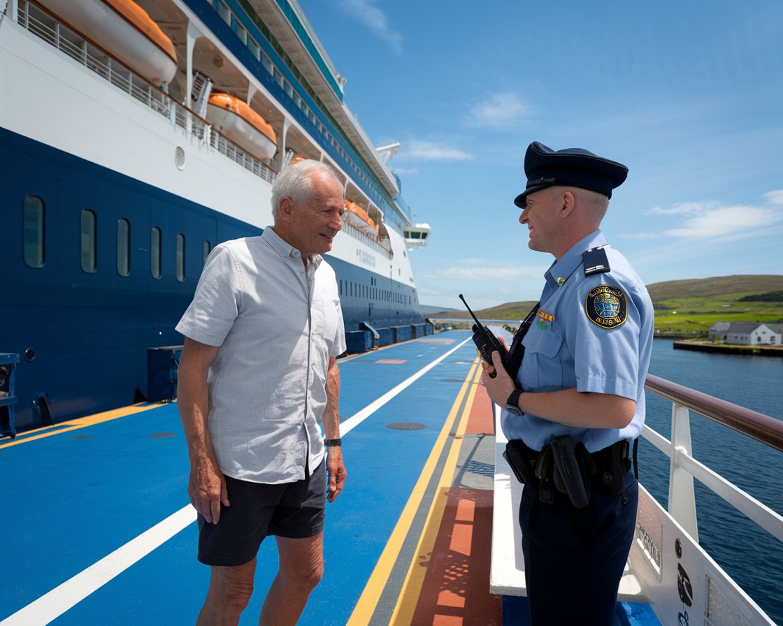 Older man in shorts talking to a customs officer with a cruise ship in the background on a sunny day near Holyhead Port