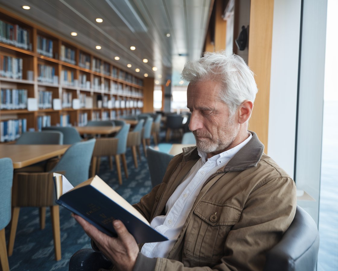 Older man reading a book in the library on a cruise ship