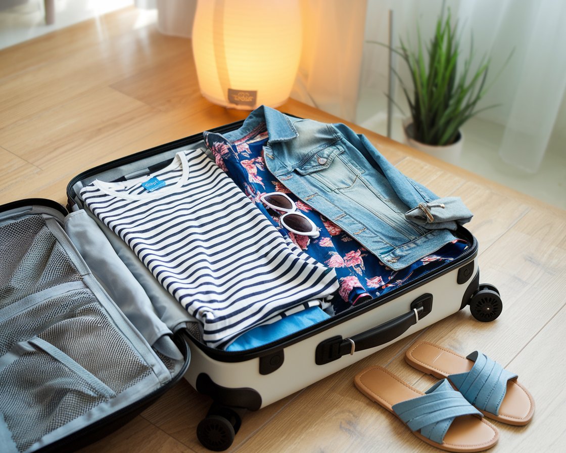 Open suitcase packed with summer clothes ready for a cruise