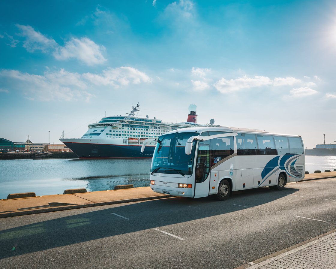 Shuttle Services at Port of Dover with a cruise ship in the background on a sunny day