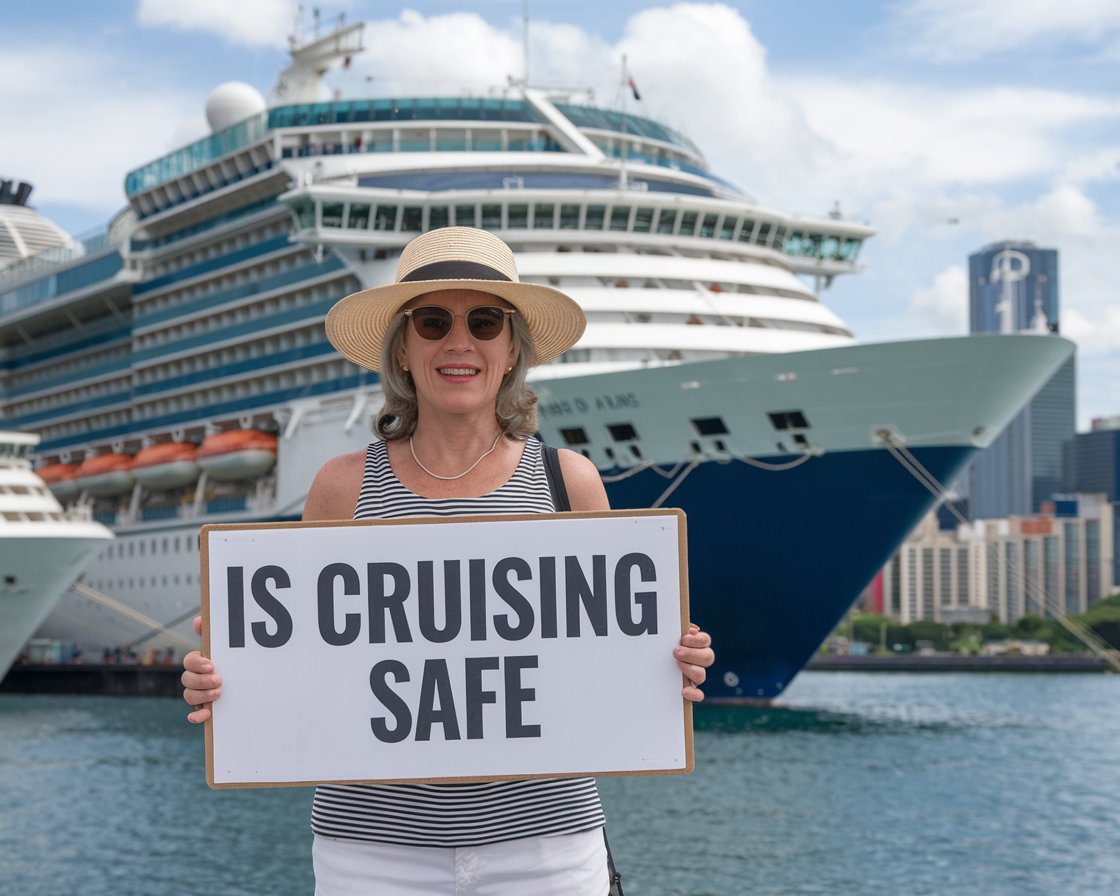 Sign Is cruising safe mid aged lady in summer clothes in front on a cruise ship