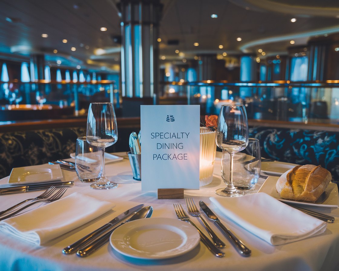 Sign on a restaurant table Specialty Dining Package on Norwegian Epic cruise ship