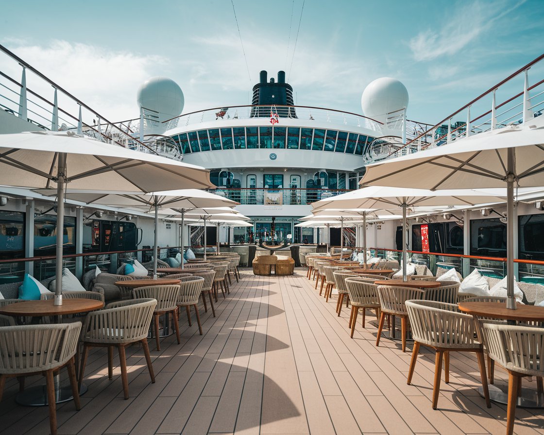 The Waterfront A unique open-air promenade with bars and restaurants for al fresco dining on the Norwegian Breakaway cruise ship