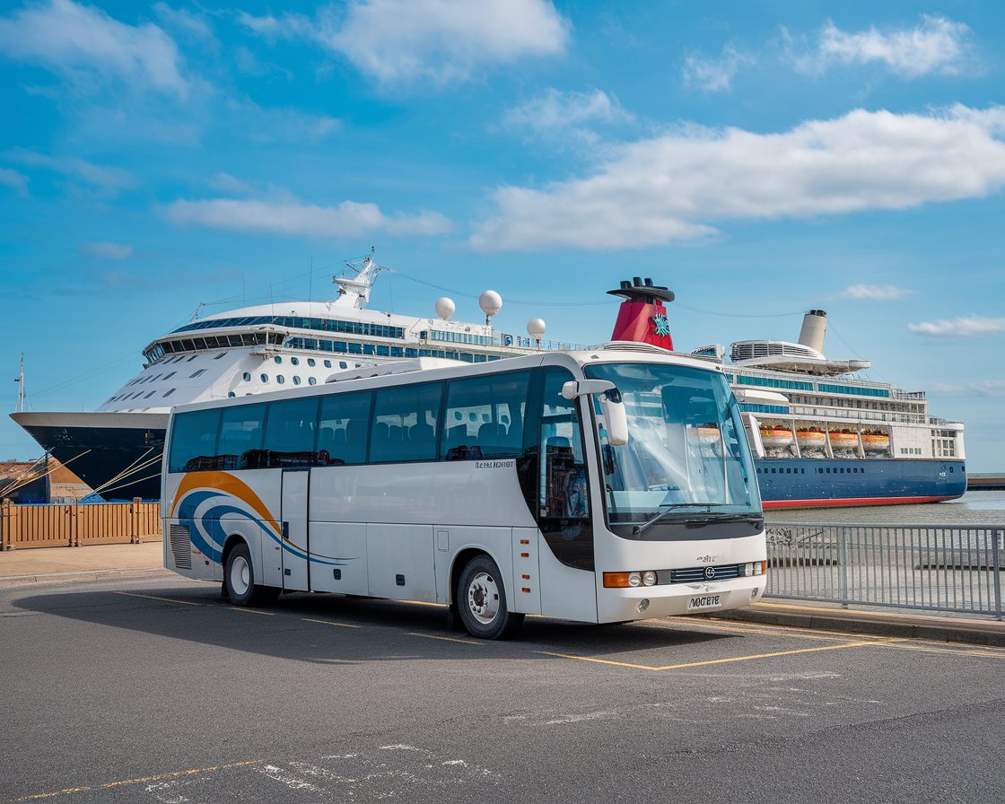 Tour bus at Port of Hull with a cruise ship in the background on a sunny day