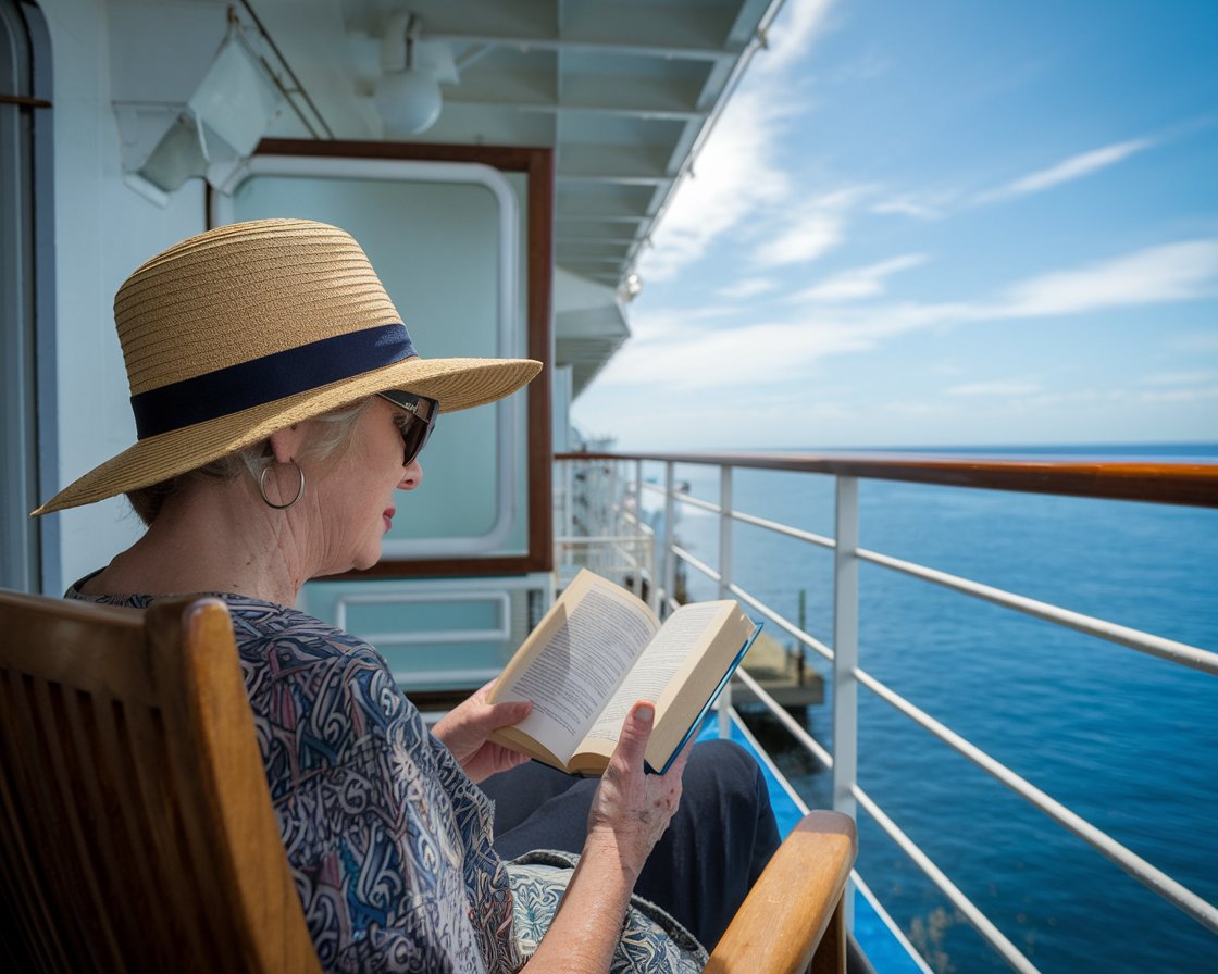 lady reading a book with a hat on the balcony of her cabin on Norwegian Epic cruise ship