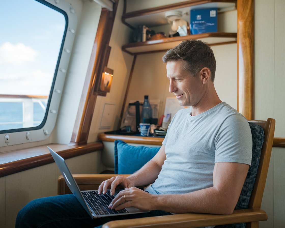 man casually dressed on his laptop in his cabin on Norwegian Epic cruise ship