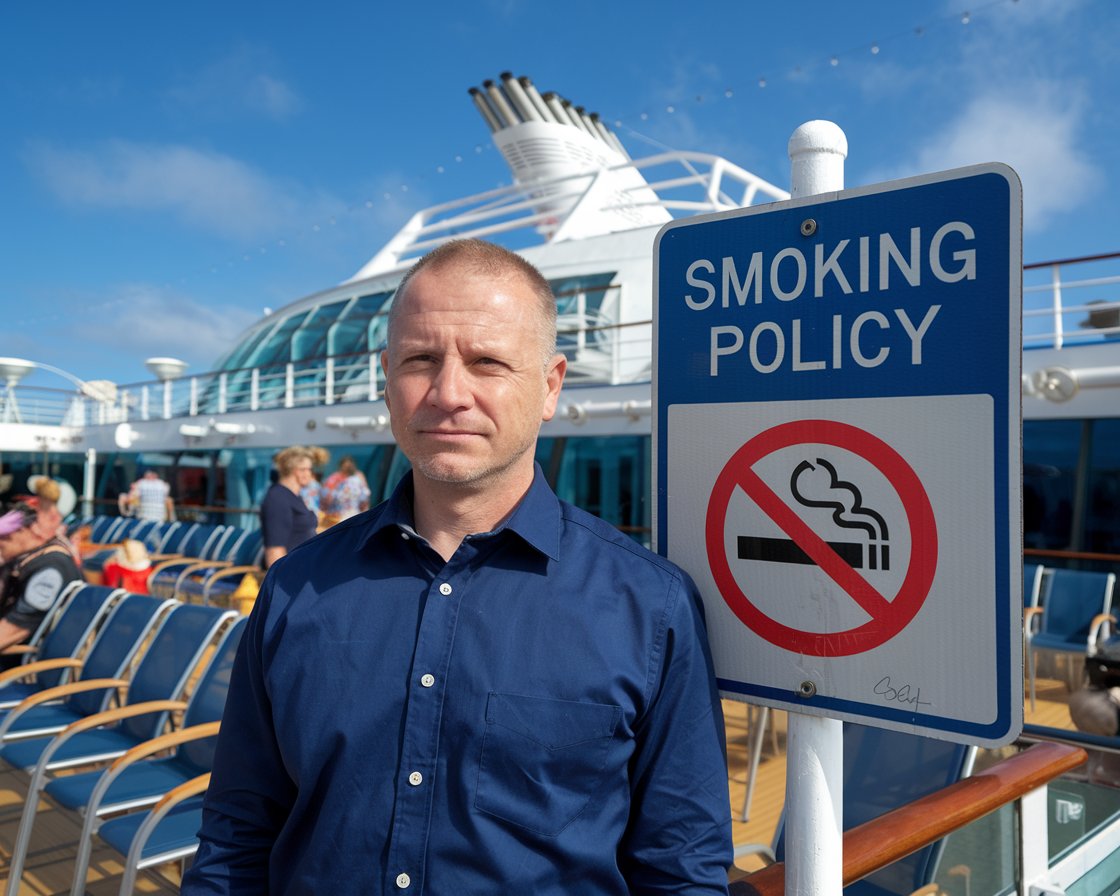 man standing in front of the Smoking Policy sign on Norwegian Epic cruise ship