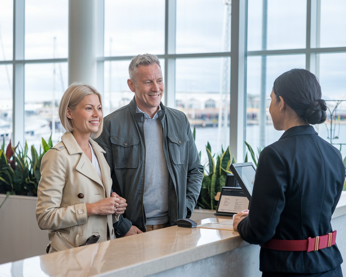 mid aged Man and mid aged lady dressed casually are at the front desk of a hotel talking to a staff member near Port of Southampton.