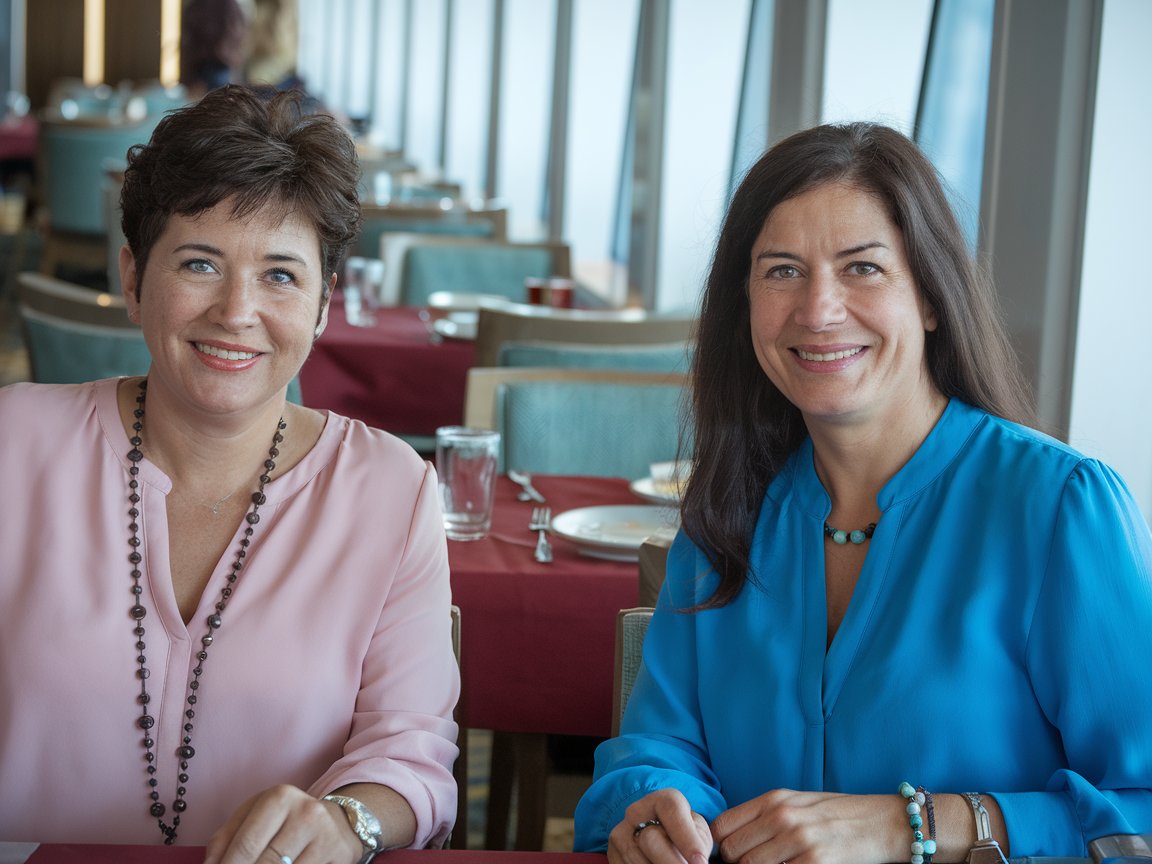 2 mid aged ladies in the restaurant on a cruise ship.