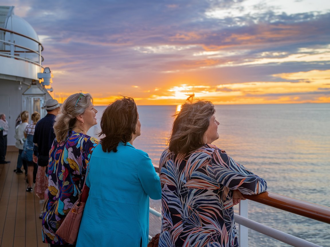 3 mid aged ladies standing at the back of a cruise ship watching the sunset.