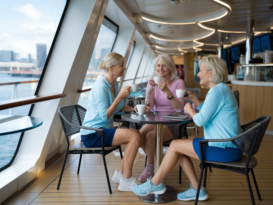 3 single ladies enjoying a coffee at the cafe on a cruise ship