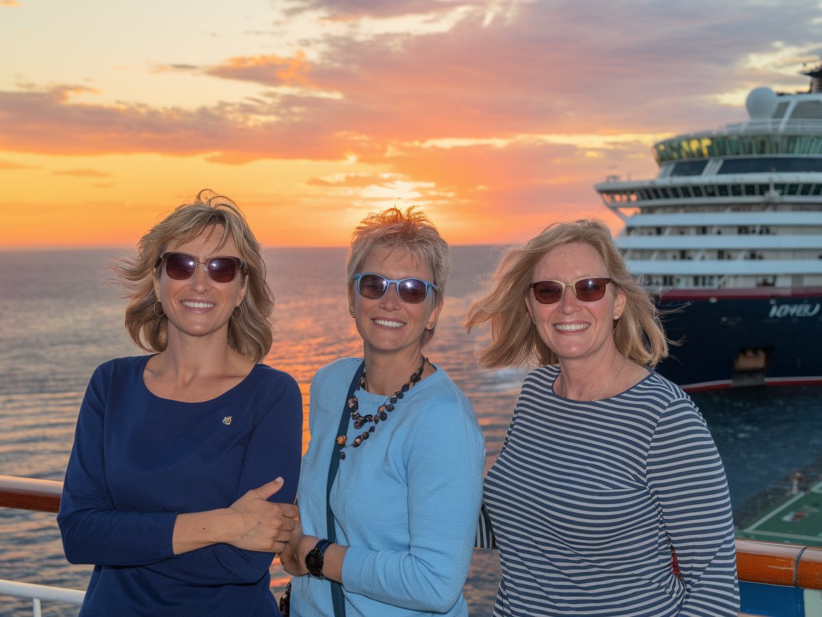 3 single ladies enjoying the sunset on a cruise ship