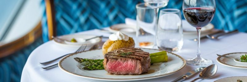 Steak meal in the restaurant on a cruise ship