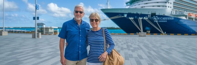 older couple casually dressed in shorts in Cruise Port of Nassau, Bahamas on a sunny day with a cruise ship in the background.