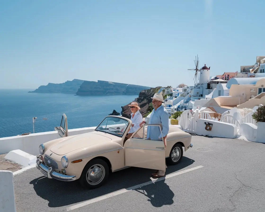 A older couple arrived by car at Santorini, Greece Cruise port. It is a sunny day.