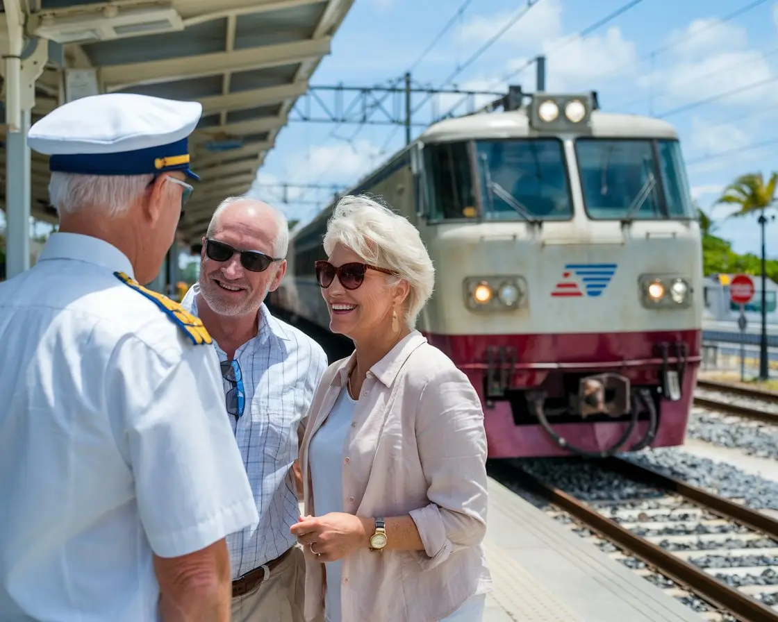 A older couple talking to the train conductor. It is a sunny day. A train is arriving at a station in the background at Nassau, Bahamas.