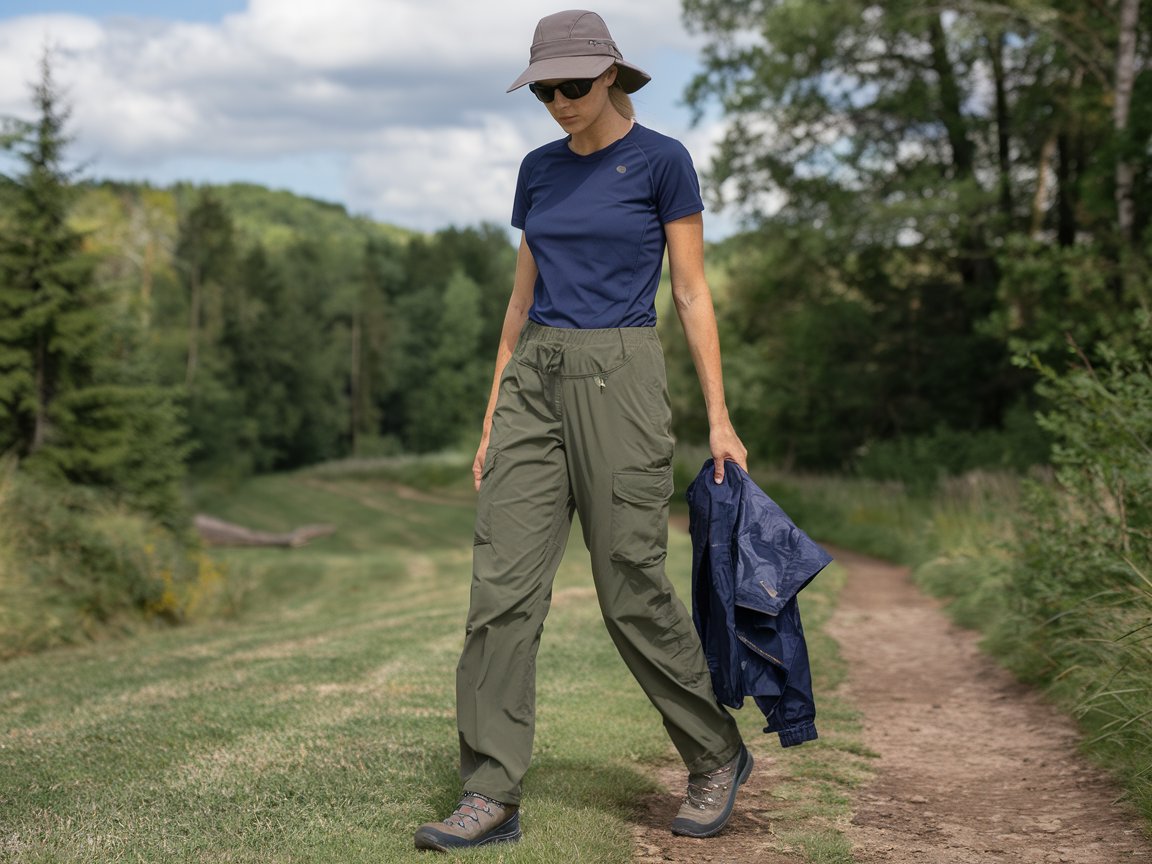 She goes for cargo pants in olive green, paired with a moisture-wicking t-shirt in navy. Wear comfortable hiking boots and bring a sun hat, sunglasses, and a compact rain jacket.