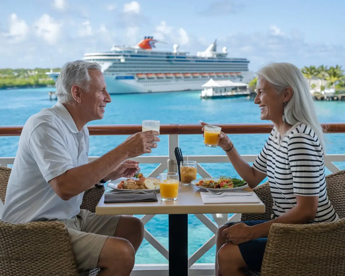 An older man and lady having a casual lunch in a restaurant near Cruise Port of Nassau, Bahamas