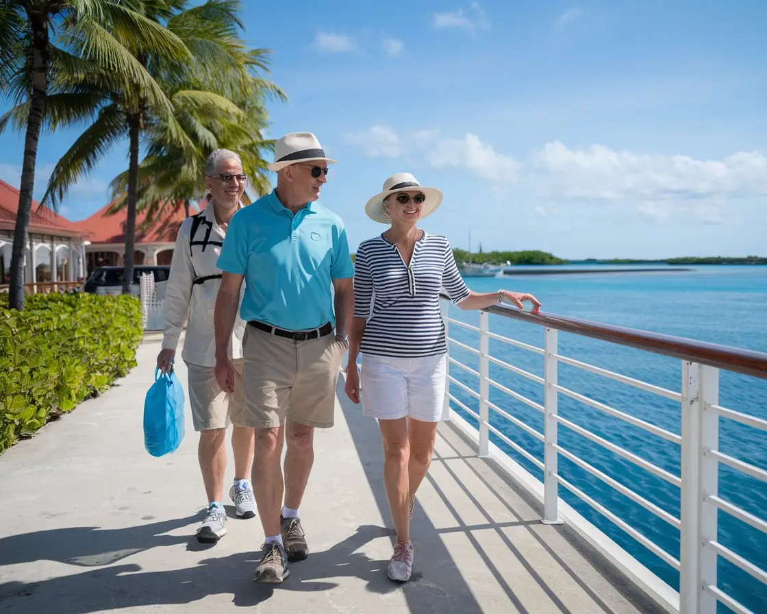 An older man and lady on a tour in Cruise Port of Nassau, Bahamas. They are dressed in walking shoes and shorts with hat and sunglasses and have a tour guide pointing out the way on a sunny day.